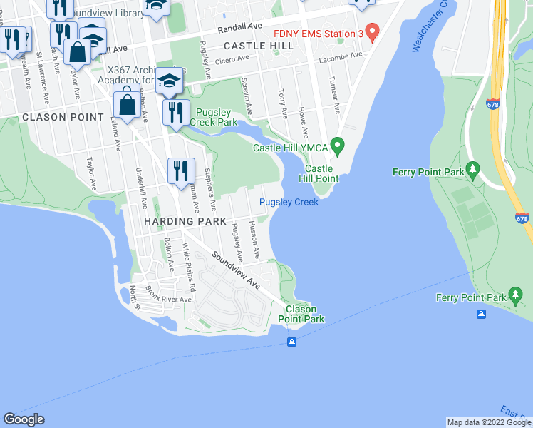 map of restaurants, bars, coffee shops, grocery stores, and more near 102 Betts Avenue in Bronx