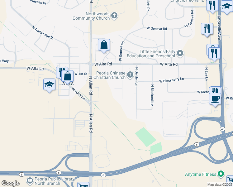 map of restaurants, bars, coffee shops, grocery stores, and more near 2222 West Chatsford Court in Peoria