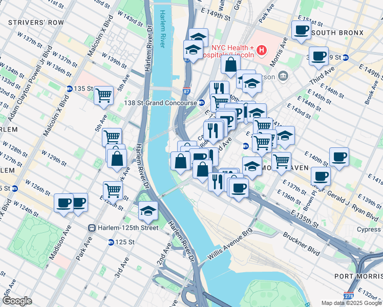 map of restaurants, bars, coffee shops, grocery stores, and more near 224 East 135th Street in Bronx