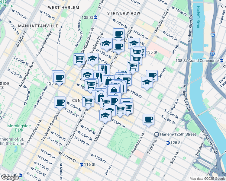 map of restaurants, bars, coffee shops, grocery stores, and more near 128 West 128th Street in New York