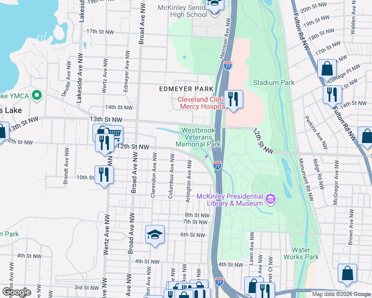 map of restaurants, bars, coffee shops, grocery stores, and more near 2413 Lake Road Boulevard Northwest in Canton
