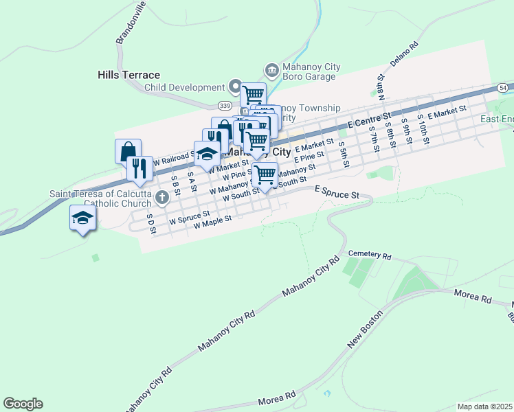 map of restaurants, bars, coffee shops, grocery stores, and more near 30 West Spruce Street in Mahanoy City