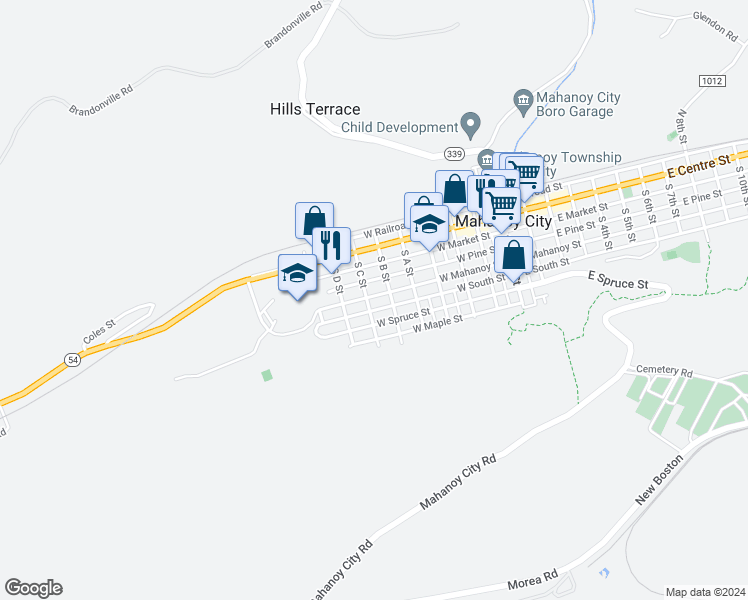 map of restaurants, bars, coffee shops, grocery stores, and more near 528 West Mahanoy Street in Mahanoy City