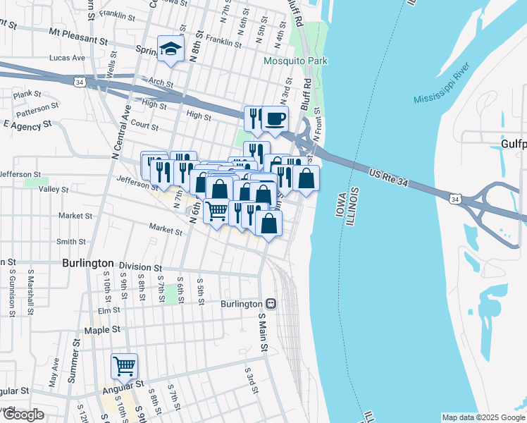 map of restaurants, bars, coffee shops, grocery stores, and more near 212 Jefferson Street in Burlington