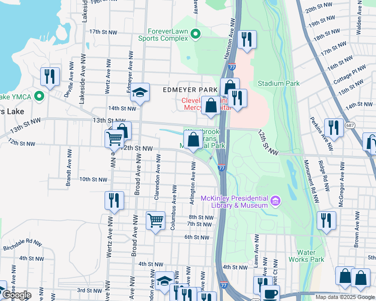 map of restaurants, bars, coffee shops, grocery stores, and more near 2413 Lake Road Boulevard Northwest in Canton