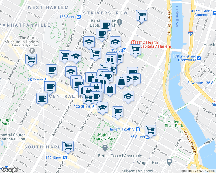 map of restaurants, bars, coffee shops, grocery stores, and more near 60 West 129th Street in New York