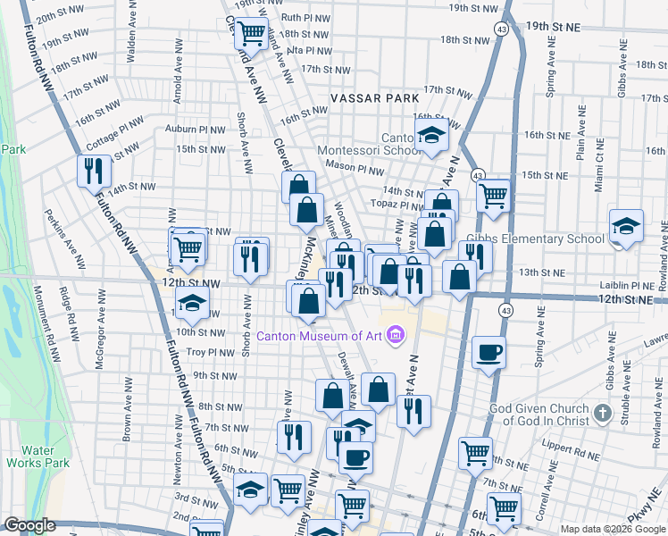 map of restaurants, bars, coffee shops, grocery stores, and more near 1244 Cleveland Avenue Northwest in Canton