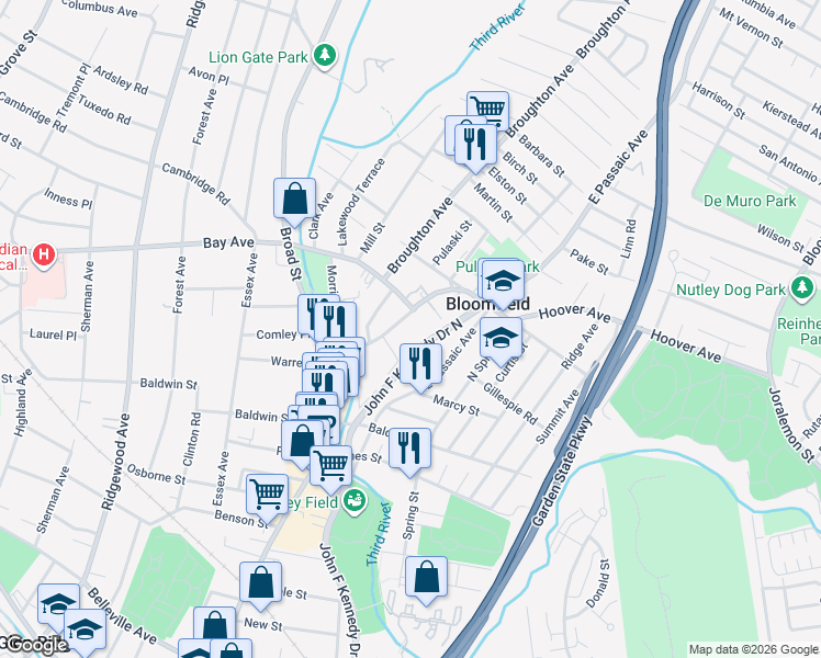 map of restaurants, bars, coffee shops, grocery stores, and more near 345 Hoover Avenue in Bloomfield