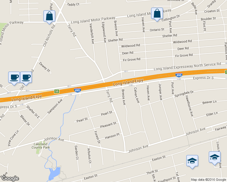 map of restaurants, bars, coffee shops, grocery stores, and more near 4052 Express Drive South in Ronkonkoma