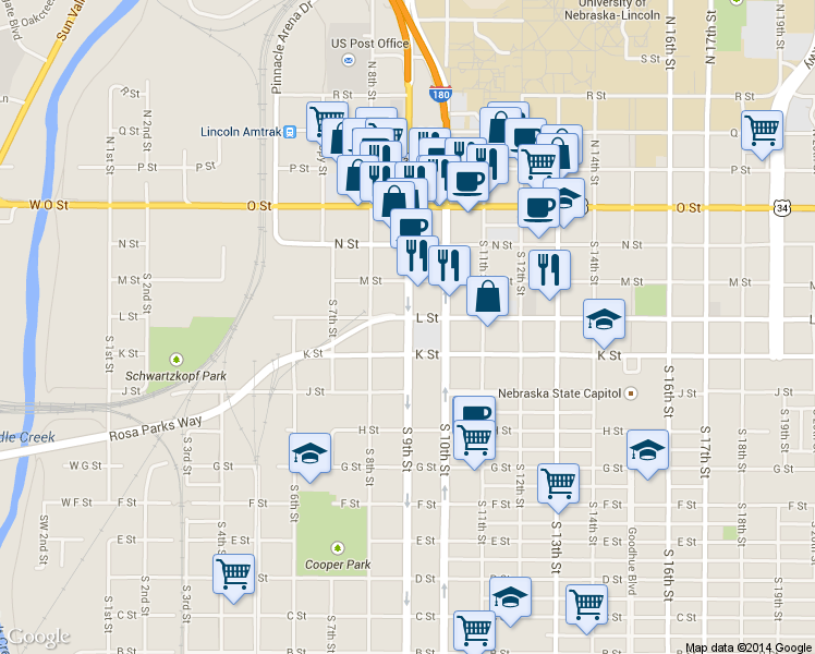 map of restaurants, bars, coffee shops, grocery stores, and more near 920 L Street in Lincoln