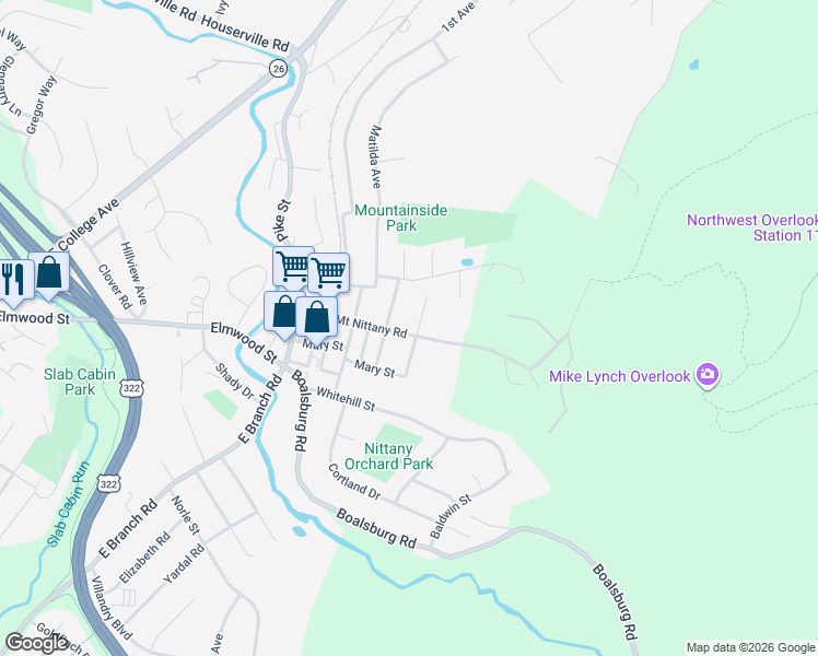 map of restaurants, bars, coffee shops, grocery stores, and more near 713-799 Thompson Street in Boalsburg