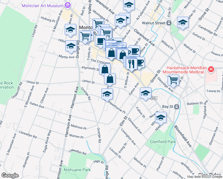 map of restaurants, bars, coffee shops, grocery stores, and more near 69 South Fullerton Avenue in Montclair
