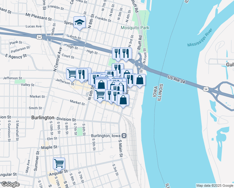 map of restaurants, bars, coffee shops, grocery stores, and more near 314 North 3rd Street in Burlington