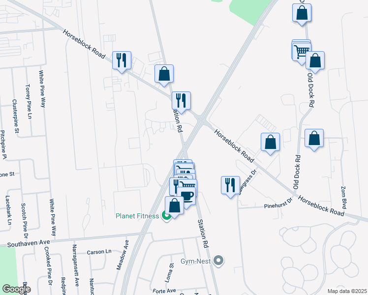 map of restaurants, bars, coffee shops, grocery stores, and more near 700 East Patchogue Yaphank Road in Medford