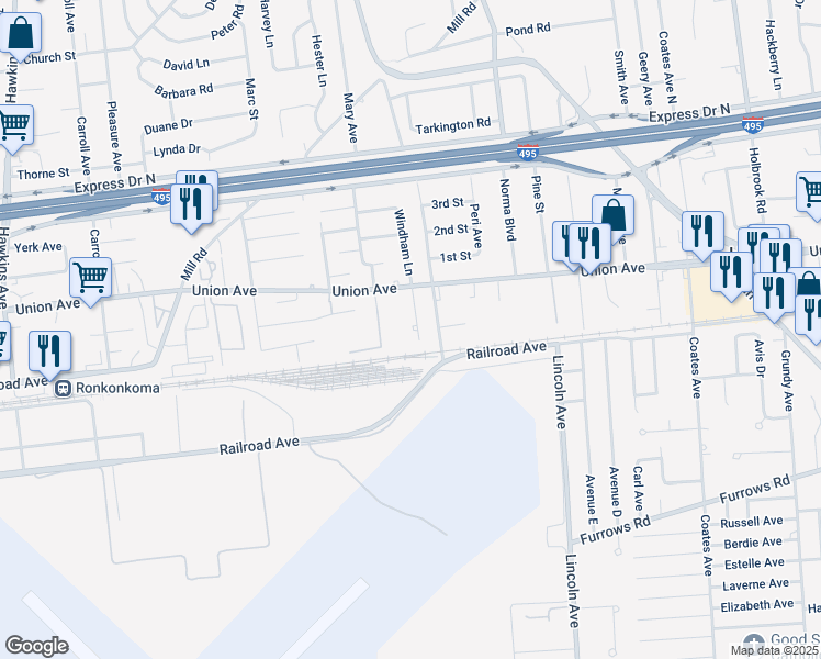 map of restaurants, bars, coffee shops, grocery stores, and more near 5 Windham Lane South in Lake Ronkonkoma