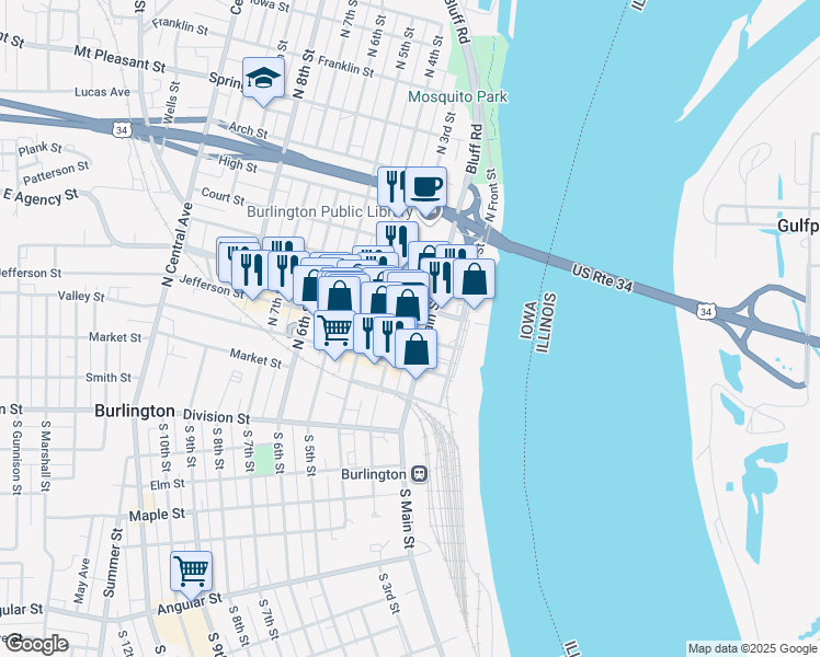 map of restaurants, bars, coffee shops, grocery stores, and more near 212 Jefferson Street in Burlington