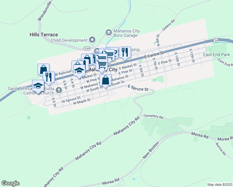 map of restaurants, bars, coffee shops, grocery stores, and more near 38 Liberty Hill in Mahanoy City