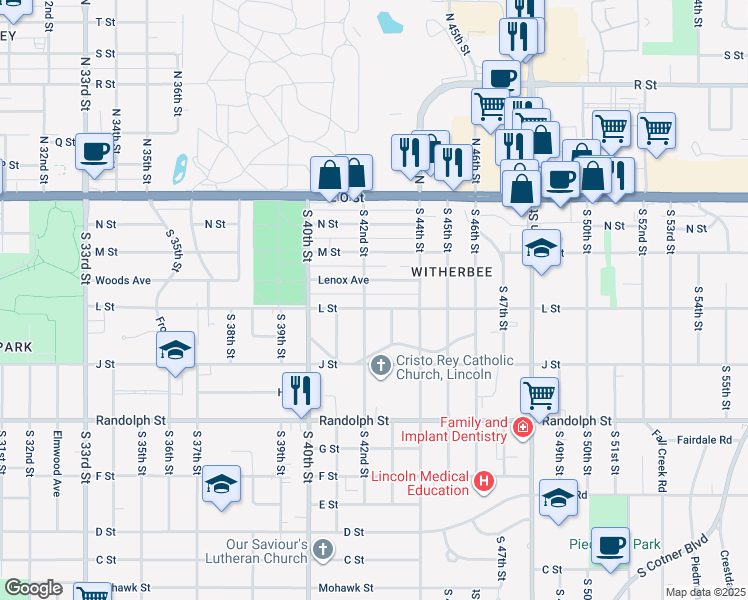 map of restaurants, bars, coffee shops, grocery stores, and more near 4225 Lenox Avenue in Lincoln