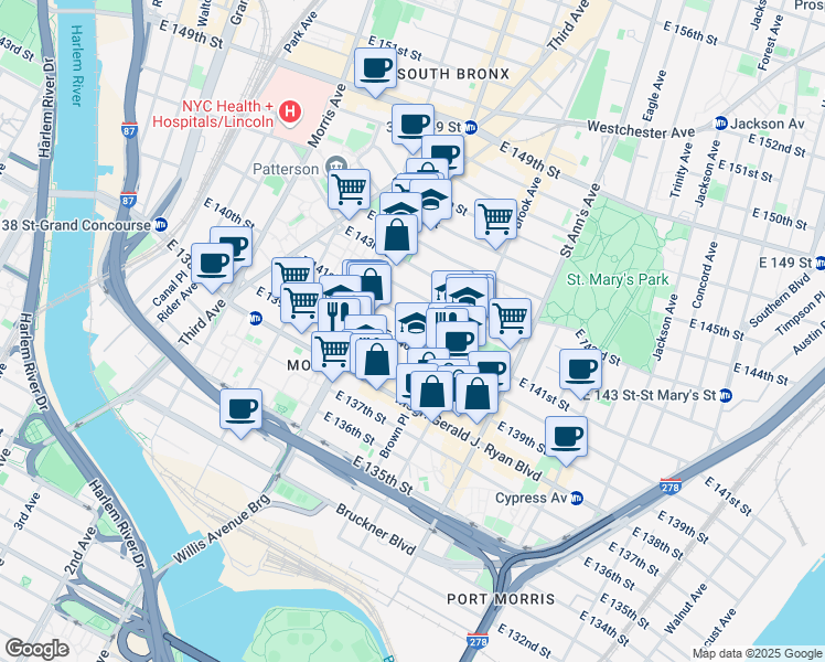 map of restaurants, bars, coffee shops, grocery stores, and more near 437 East 141st Street in Bronx