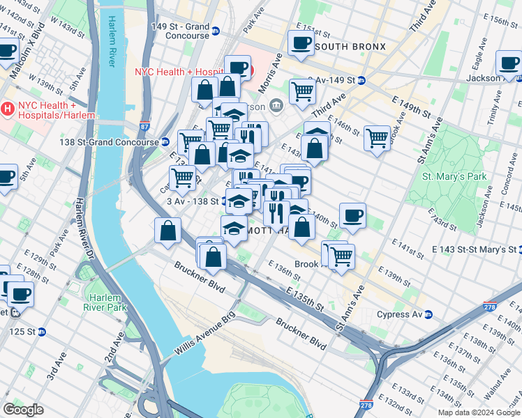 map of restaurants, bars, coffee shops, grocery stores, and more near 330 East 139th Street in Bronx