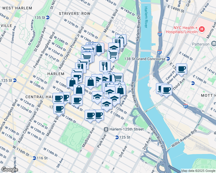 map of restaurants, bars, coffee shops, grocery stores, and more near 10E East 132nd Street in New York