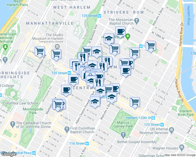 map of restaurants, bars, coffee shops, grocery stores, and more near 2130 Adam Clayton Powell Junior Boulevard in New York