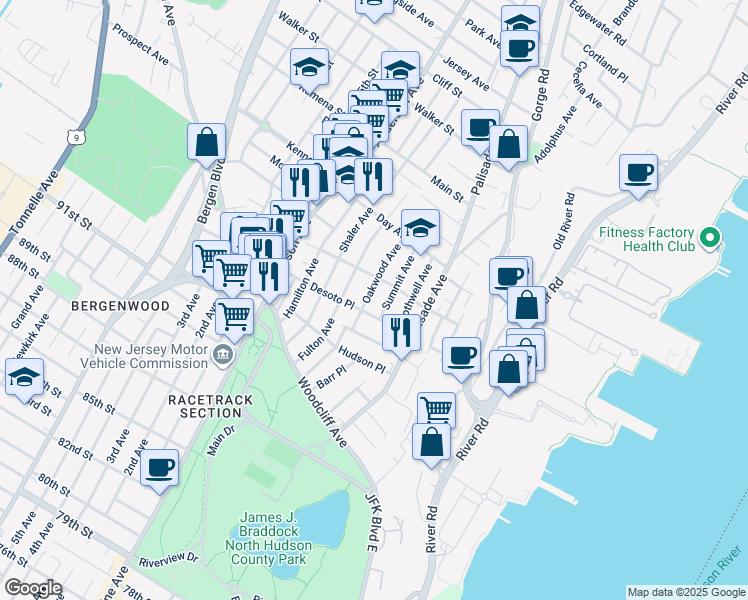 map of restaurants, bars, coffee shops, grocery stores, and more near 141 Oakwood Avenue in Cliffside Park