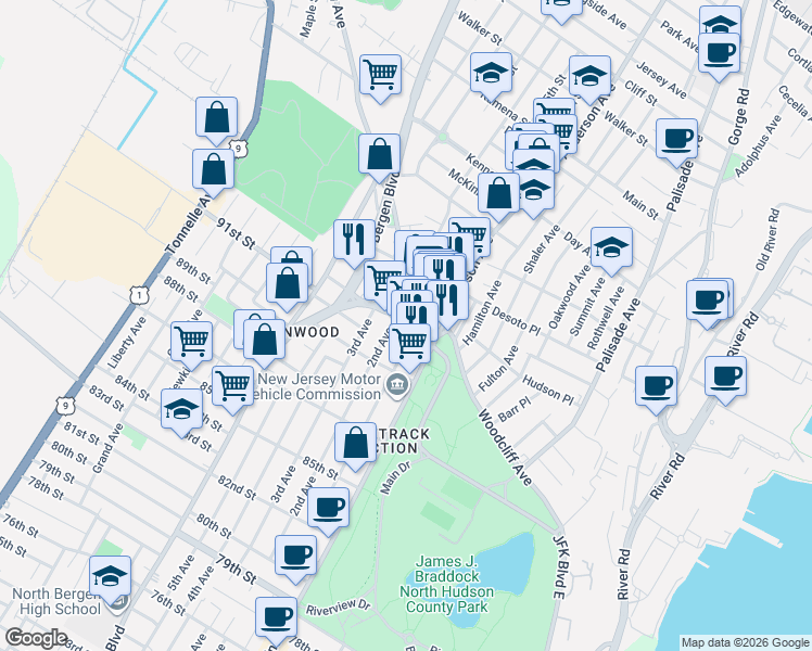 map of restaurants, bars, coffee shops, grocery stores, and more near 9245 John F. Kennedy Boulevard in North Bergen