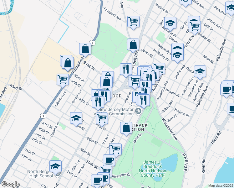 map of restaurants, bars, coffee shops, grocery stores, and more near 9023 John F. Kennedy Boulevard in North Bergen