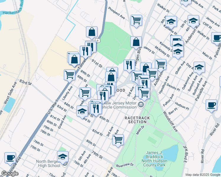 map of restaurants, bars, coffee shops, grocery stores, and more near in North Bergen