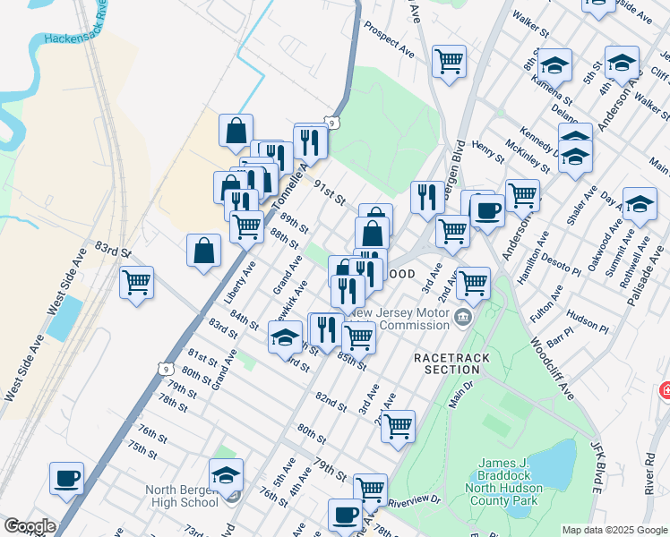 map of restaurants, bars, coffee shops, grocery stores, and more near 1217 89th Street in North Bergen