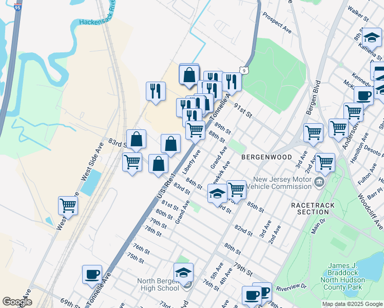 map of restaurants, bars, coffee shops, grocery stores, and more near 8516 Tonnelle Avenue in North Bergen