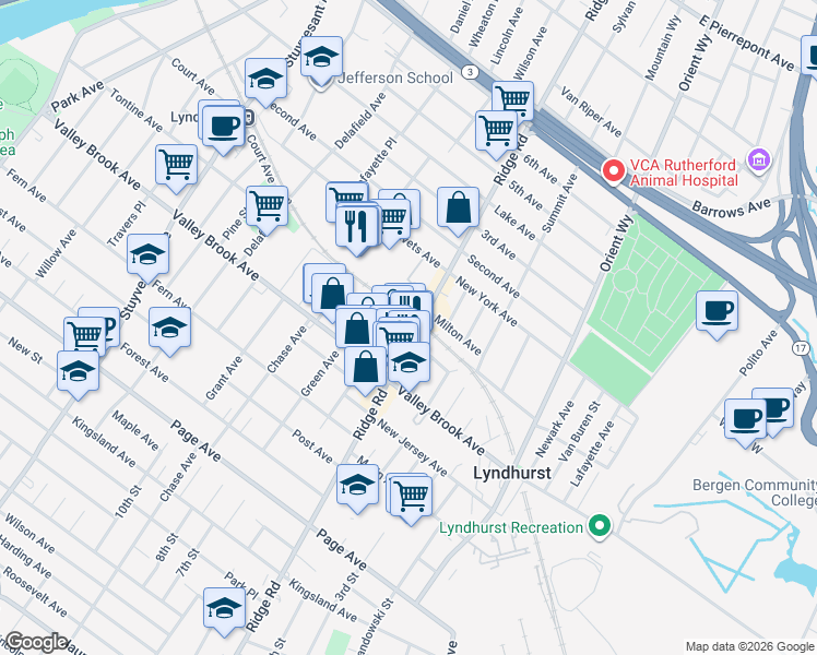 map of restaurants, bars, coffee shops, grocery stores, and more near 263 Ridge Road in Lyndhurst