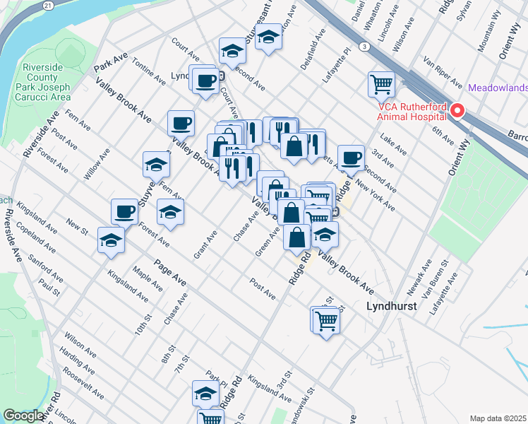 map of restaurants, bars, coffee shops, grocery stores, and more near 292 Chase Avenue in Lyndhurst