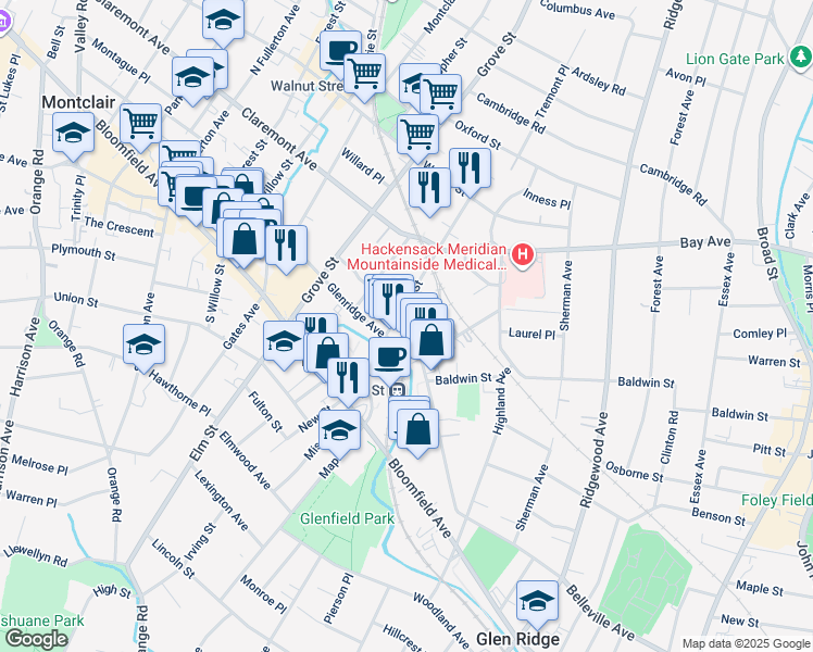 map of restaurants, bars, coffee shops, grocery stores, and more near 31 Grant Street in Montclair