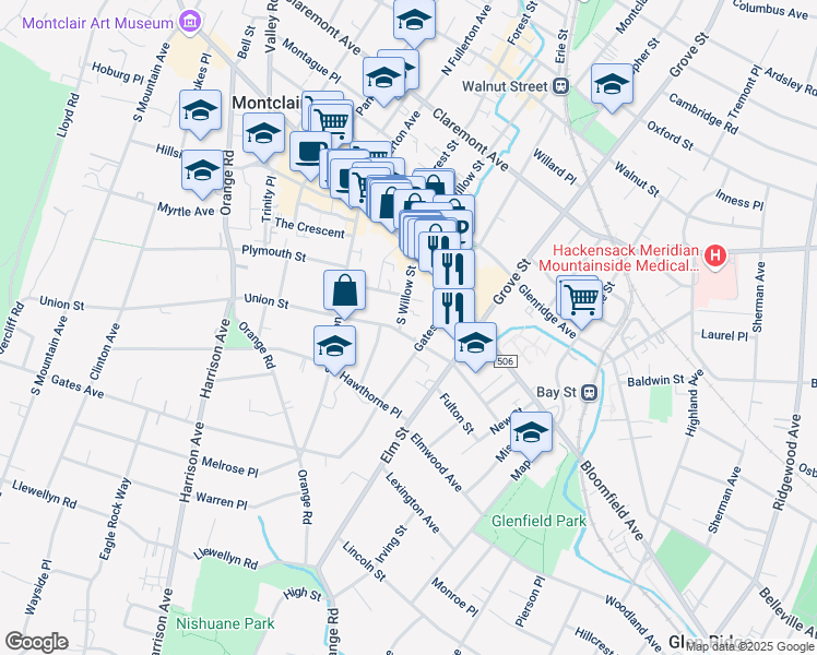 map of restaurants, bars, coffee shops, grocery stores, and more near 43 South Willow Street in Montclair