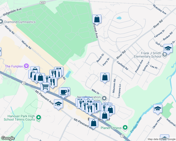 map of restaurants, bars, coffee shops, grocery stores, and more near 24 Rebecca Road in East Hanover