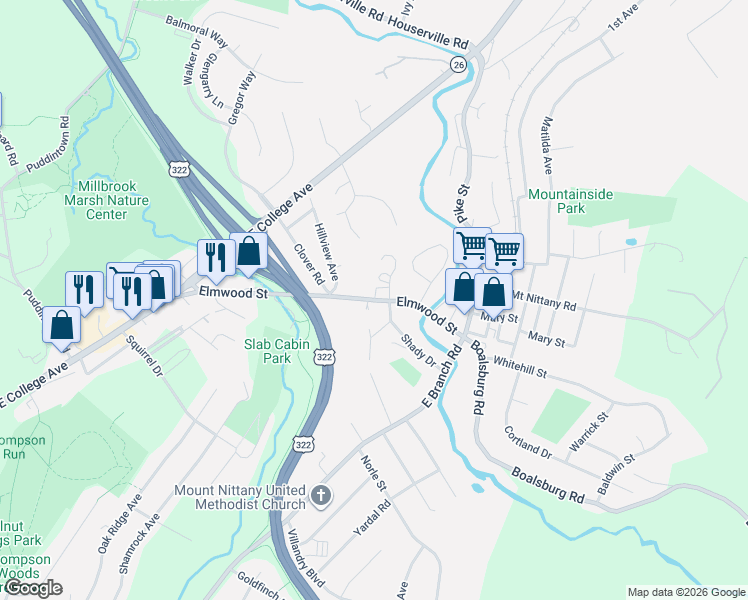 map of restaurants, bars, coffee shops, grocery stores, and more near 625 Elmwood Street in State College