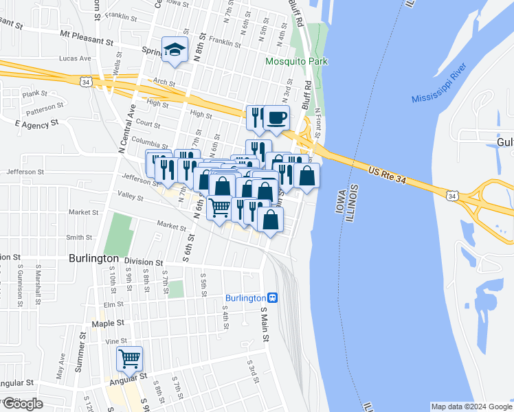 map of restaurants, bars, coffee shops, grocery stores, and more near 314 North 3rd Street in Burlington