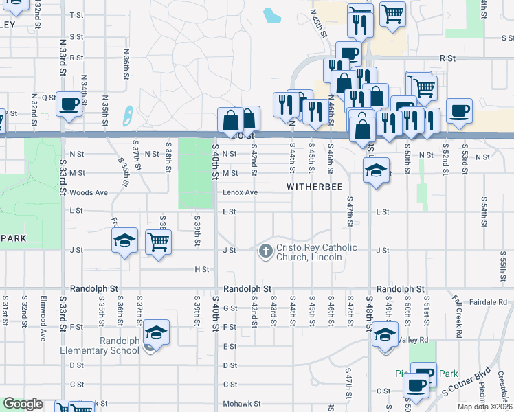map of restaurants, bars, coffee shops, grocery stores, and more near 4225 Lenox Avenue in Lincoln