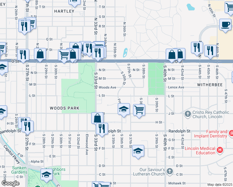 map of restaurants, bars, coffee shops, grocery stores, and more near 3441 Woods Avenue in Lincoln