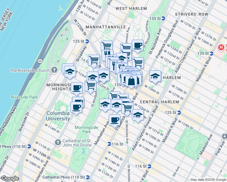 map of restaurants, bars, coffee shops, grocery stores, and more near 124 Morningside Avenue in New York
