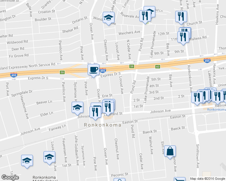 map of restaurants, bars, coffee shops, grocery stores, and more near 2536 Locust Ave in Ronkonkoma