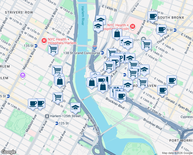 map of restaurants, bars, coffee shops, grocery stores, and more near 25 Rider Avenue in Bronx