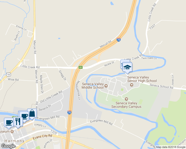 map of restaurants, bars, coffee shops, grocery stores, and more near 124 Seneca School Road in Harmony