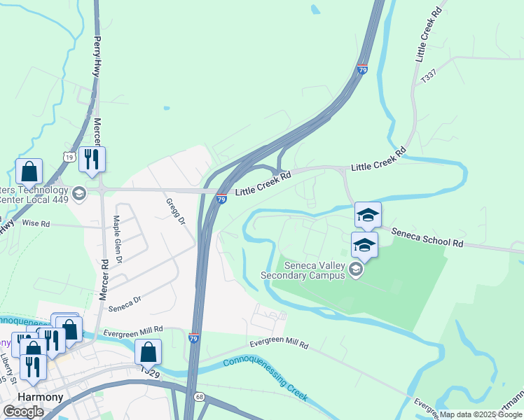 map of restaurants, bars, coffee shops, grocery stores, and more near 124 Seneca School Road in Harmony