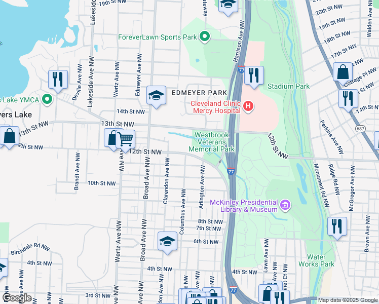 map of restaurants, bars, coffee shops, grocery stores, and more near 2431 Lake Road Boulevard Northwest in Canton