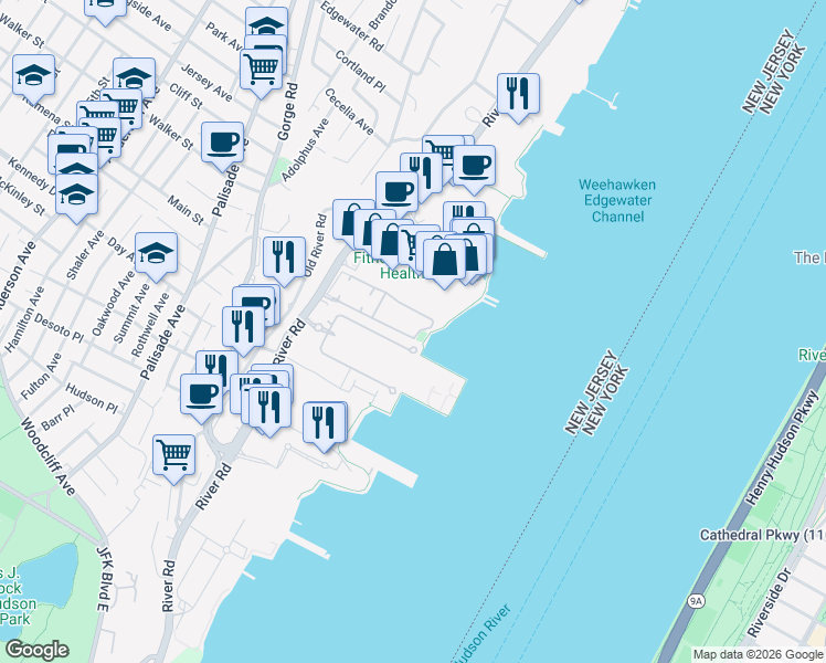 map of restaurants, bars, coffee shops, grocery stores, and more near 435 River Road in Edgewater