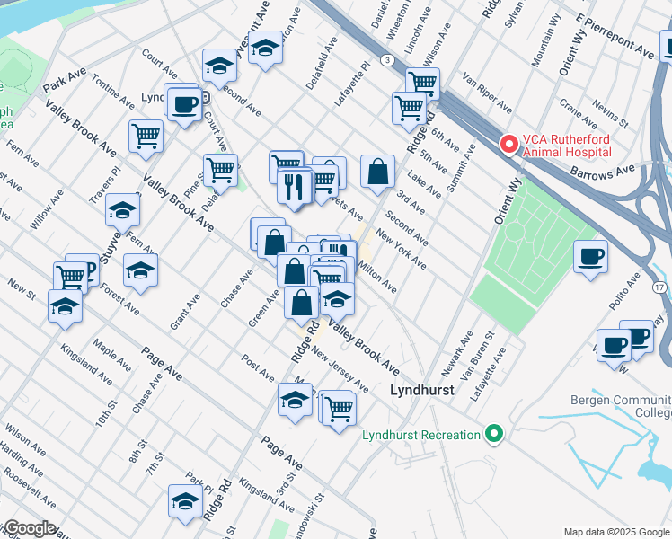 map of restaurants, bars, coffee shops, grocery stores, and more near 263 Ridge Road in Lyndhurst