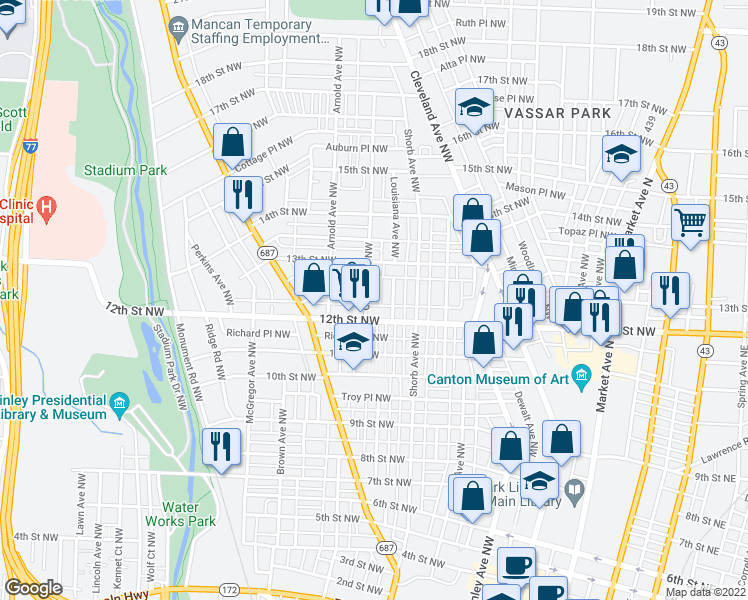 map of restaurants, bars, coffee shops, grocery stores, and more near 1220 Oxford Avenue Northwest in Canton